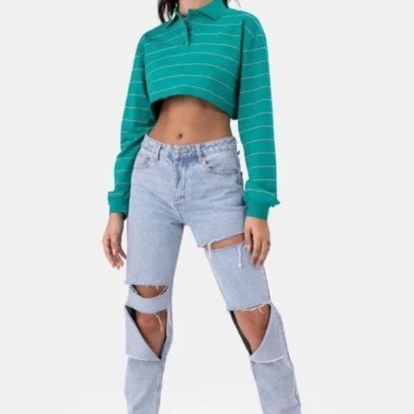 Adika Jones Green Crop Striped Collar Polo Shirt - Picture 3 of 13